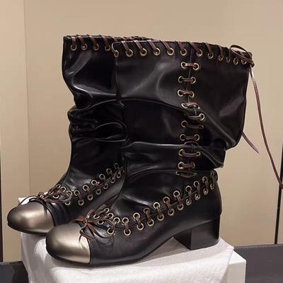 New Punk Women's Boots Trendy Square Toe Lace-up Retro Thick-soled Big Boots Fashion Handsome Motorcycle Texture Short Boots