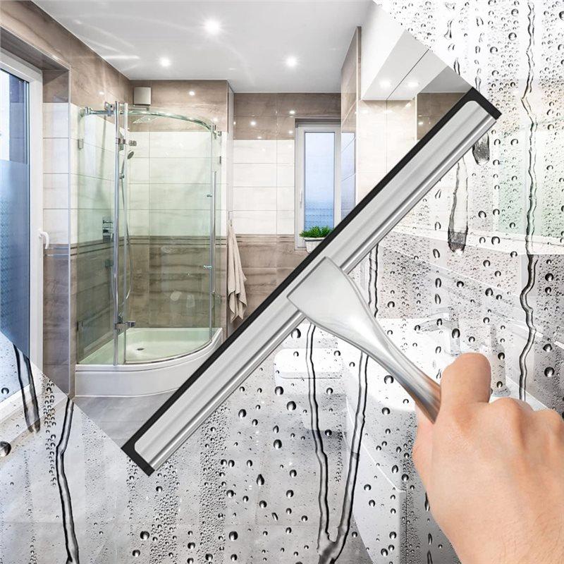 A25F-All-Purpose Stainless Steel Shower Squeegee For Glass Doors With 2 Adhesive Hooks, Streak Free Silicone Blade