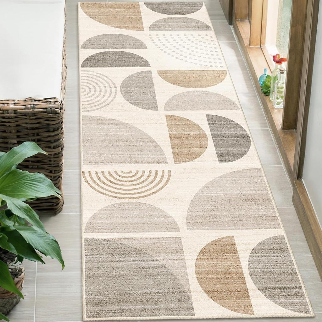 Minimalist Geometric Hallway Rug - Non-Slip Washable Kitchen Runner, Semi-Circle & Stripe Floor Mat for Mid-Century Home Decor