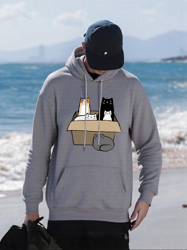 The Cats In The Cardboard Box Prints Men Hoody Soft Fleece Hoodies Hip Hop Street Clothes Casual Multicolor Man Sportswear