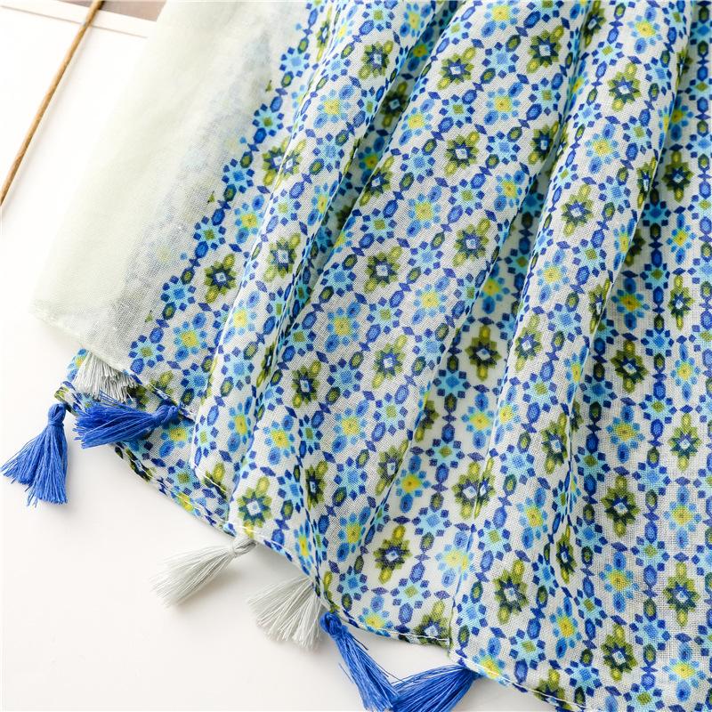 Scarf Female Retro Ethnic Style Bohemian Balinese Yarn Blue Flower Travel Sunscreen Photo Shawl Silk Scarf Women