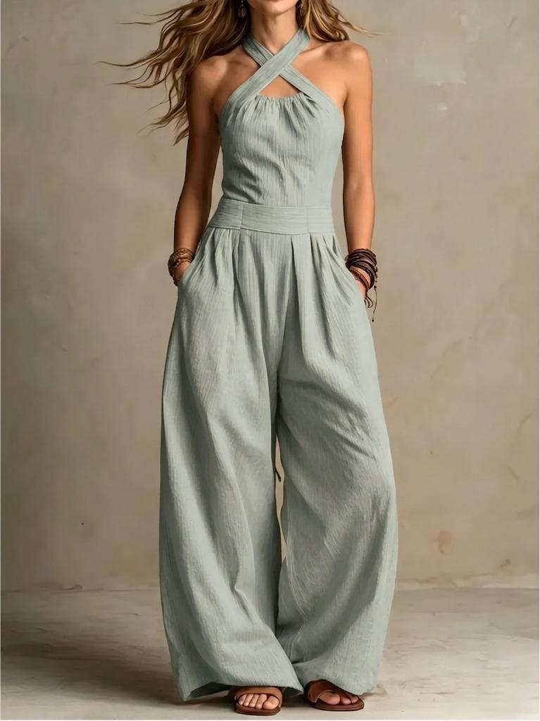 2026 summer new neck cross jumpsuit, European and American style waist back wide-leg pants, cross-border women's clothing