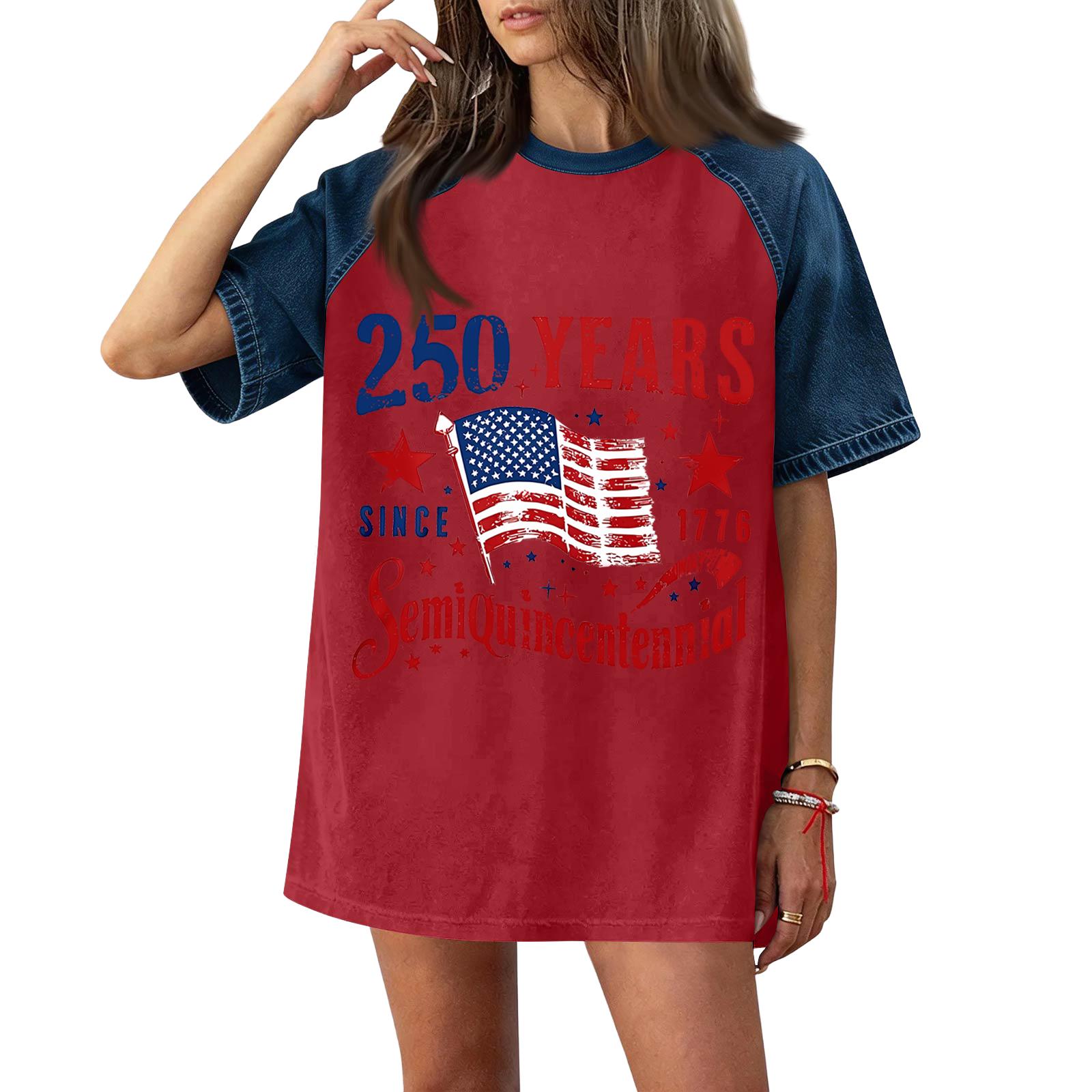 

Women’s Casual Short Sleeve T-Shirt with 250th Anniversary Independence Day Printed Design Denim Patchwork Top Comfortable Fit XXXL червоний