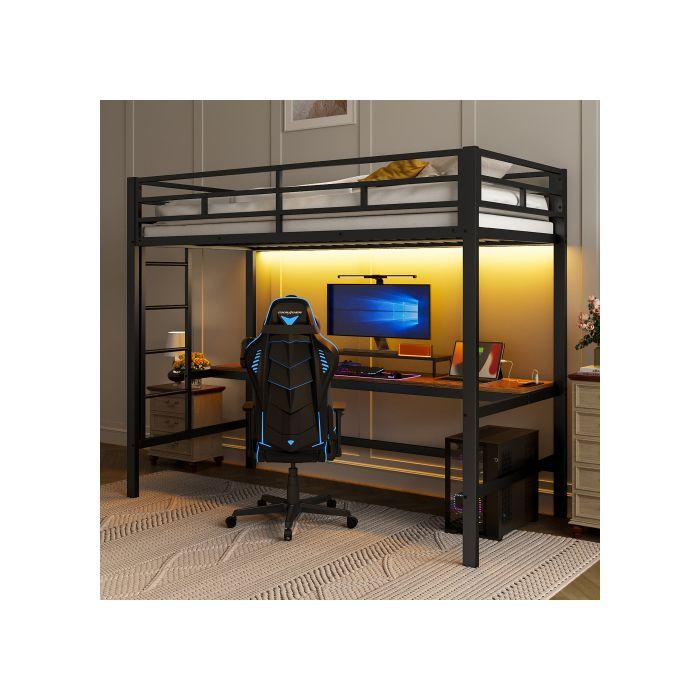 Világítós galériaágy - MUVOE - 90x200 cm - Fekete fém - Korlát - Tanulóasztal