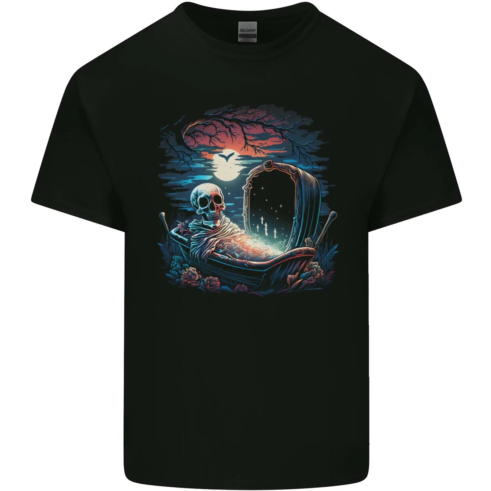 A Coffin and Skeleton in a Graveyard Halloween Kids T-Shirt Childrens L