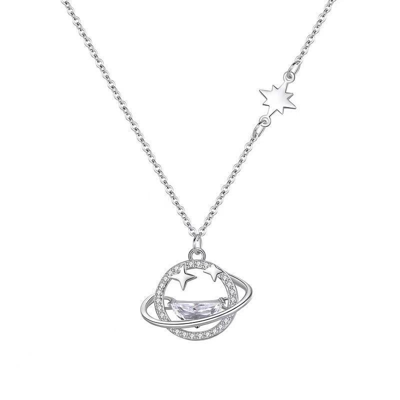 Fashion Sparkling Starry Sky Necklace for Women Adjustable Lockbone Chain Planet Pendant with Rhinestone Decoration Elegant Design One Size