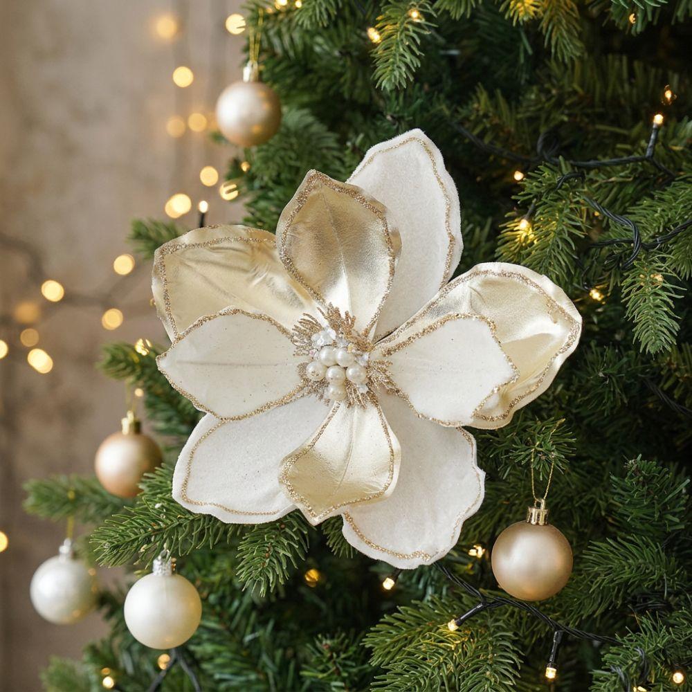 Realistic Artificial Christmas Poinsettia Flocking Glitter Christmas Flower Stem Home Decor