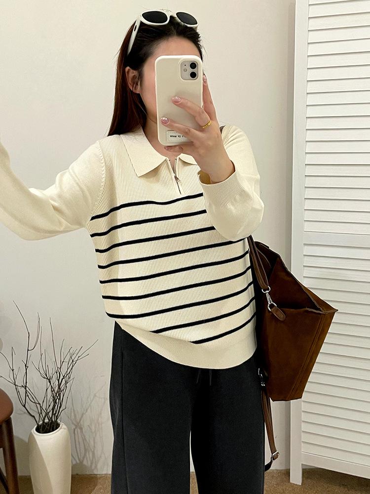 Plus Size Women's Casual Striped Polo Neck Sweater, 2025 Winter Style