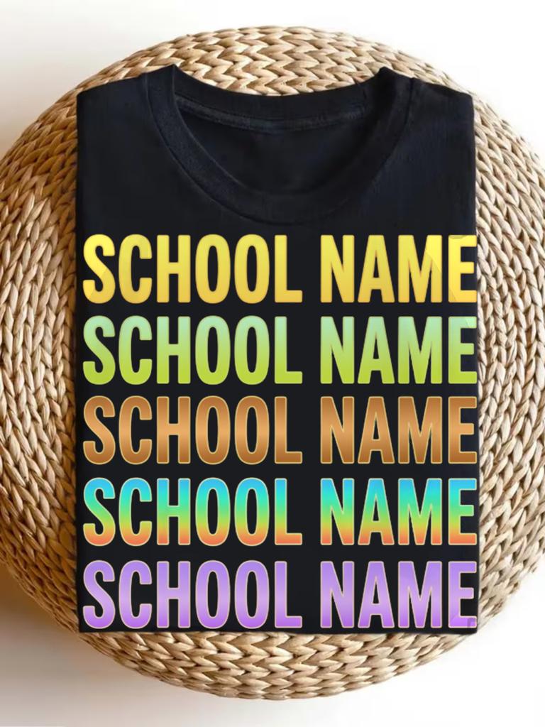 Men'S School Name Print T Shirt School Logo & Slogan Short Sleeve Black with Multicolor Vertical Lettering Casual Round Neck Summer Shirt for School E