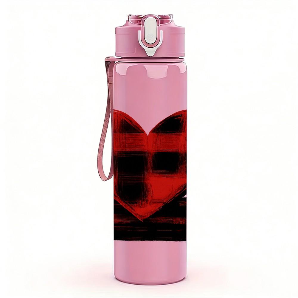 1PC Red Black Plaid Heart 750ml Color Plastic Sports Water Bottle Leakproof Flip Straw Lid Suitable for Sports Office Home Use