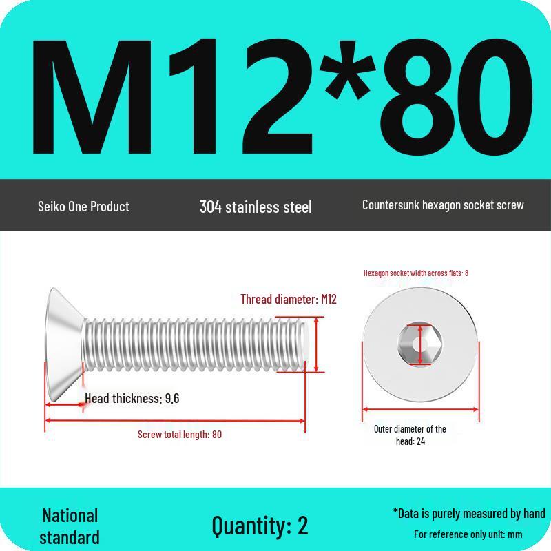 M2-M10 Stainless Steel Flat Head Machine Screws and Bolts Set, Countersunk Hex Socket Cap, 304 Grade.