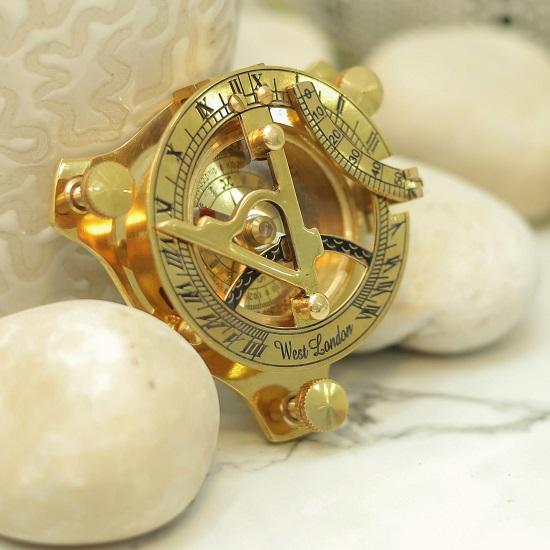 Brass Sundial Compass with Wooden Box Style Engraved  Nautical Compass for Him, Explorer, or Retirement Gift