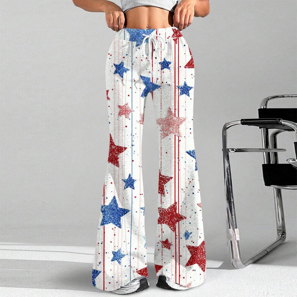 Women's Fashion Loose Drawstring Tight Waist Independence Day Printed Casual Sports Pants Casual Flared Pants
