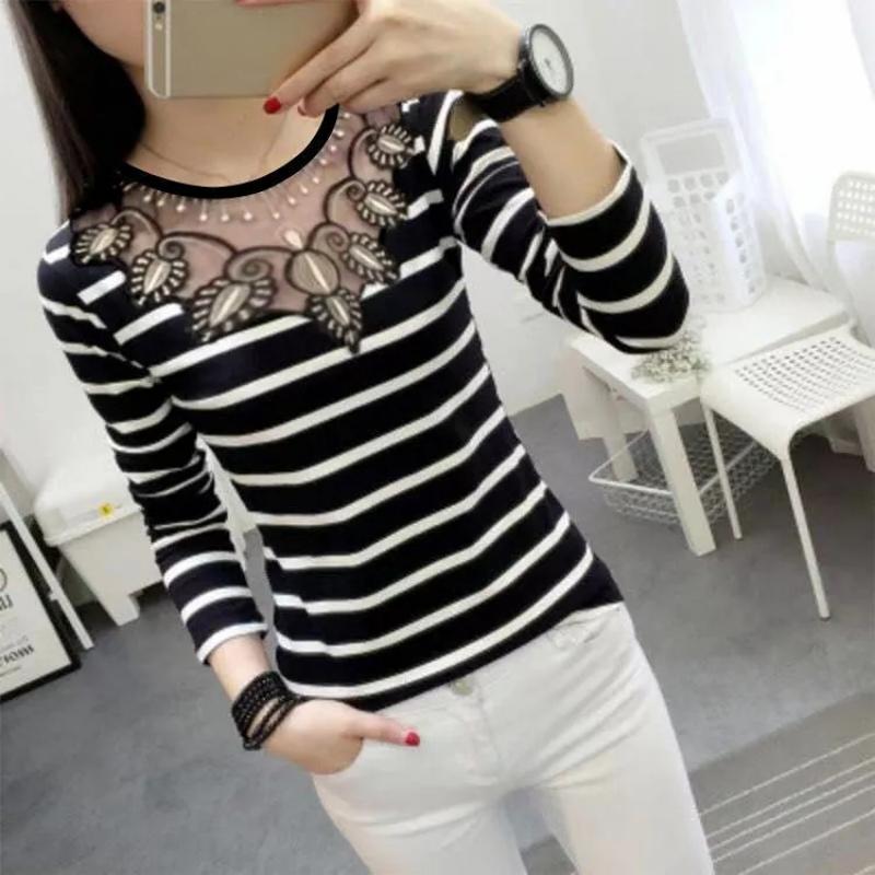 

Кружевной полый пуловер, полосатая узкая нижняя рубашка с длинными рукавами, толстая блузка больших размеров, футболка с круглым вырезом, весна-лето M