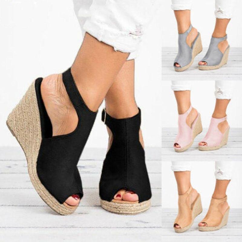 Elegant Women's Sandals Casual Wedges Heel Straw Platform Peep Toe Ladies Buckle Shoes