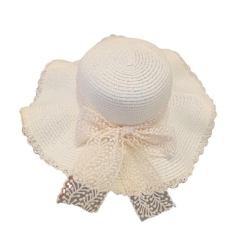 Korean Version, Lace Bow, Large Brim, Straw Hat, Women's, Summer, Breathable Sunshade, Sun Protection Beach Hat, Sweet Fisherman Hat