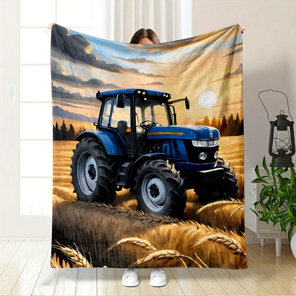 Blue Tractor in Wheat Field for all seasons blanket lunch break throw gift