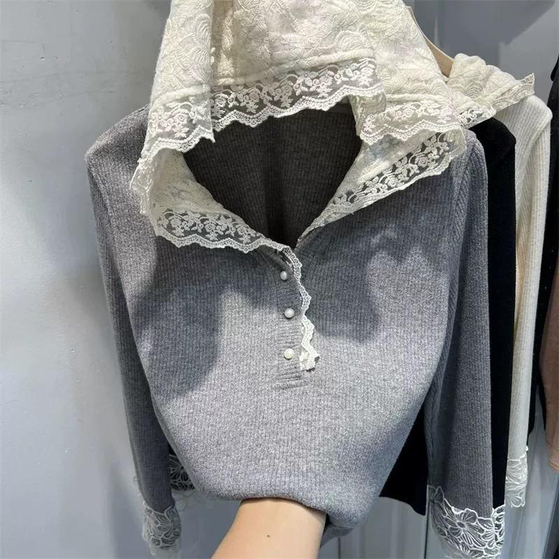 Women's Autumn Lace Patchwork Hoodie - Age-Reducing Long Sleeve Top