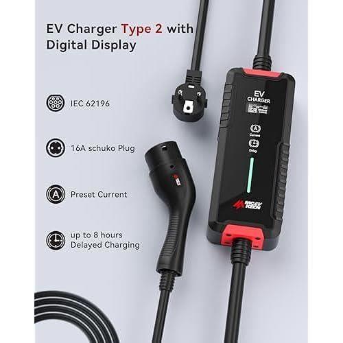 MCEVKELN Chargeur Type 2 3.6KW Chargeur Voiture Electrique Avec Schuko, Courant Commutable 6-16A, IP65 5M EV Cable De Recharge Type