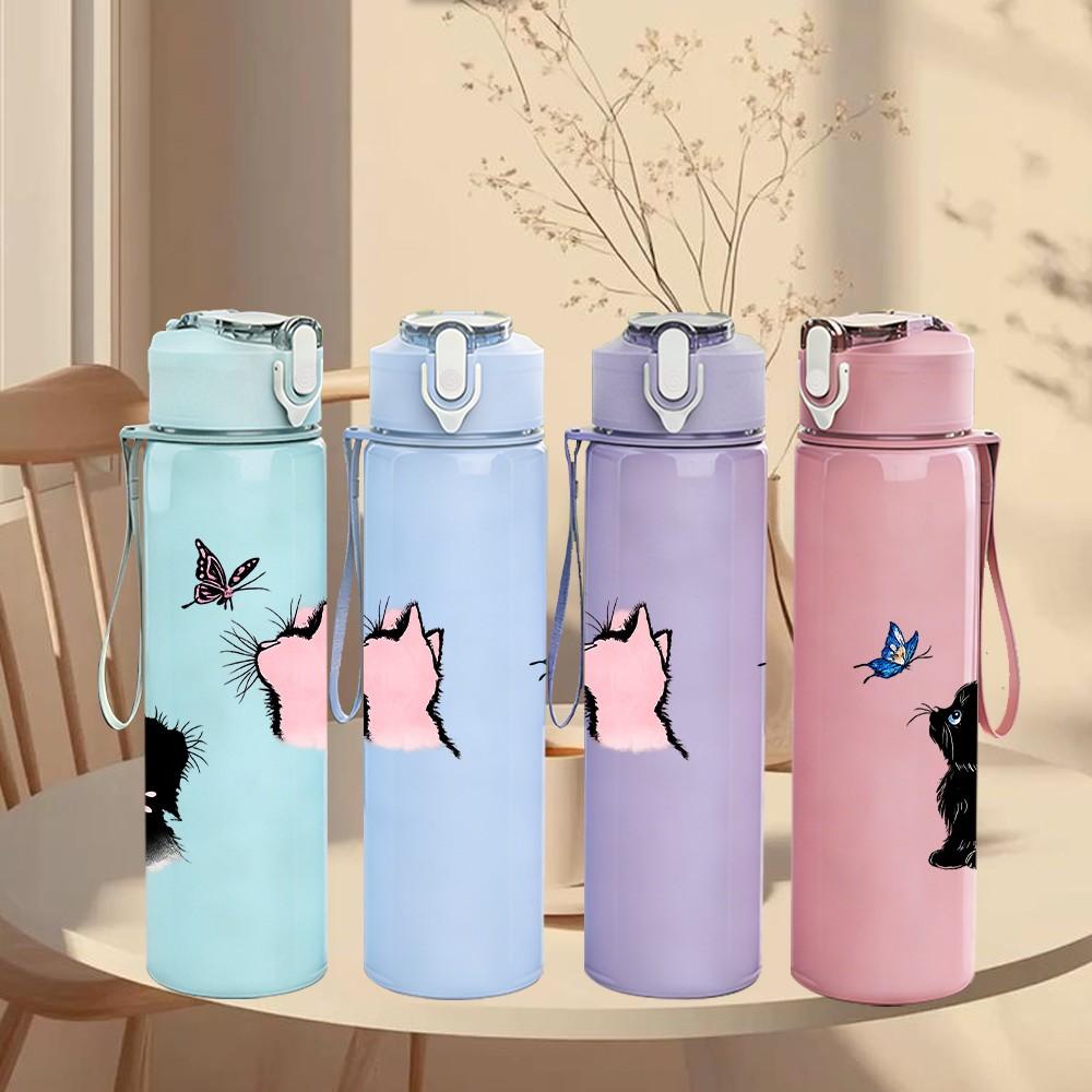 1PC Black White Cat Paw Kitten Print 750ml Color Plastic Sports Water Bottle Leakproof Flip Straw Lid Suitable for Sports Office Home Use