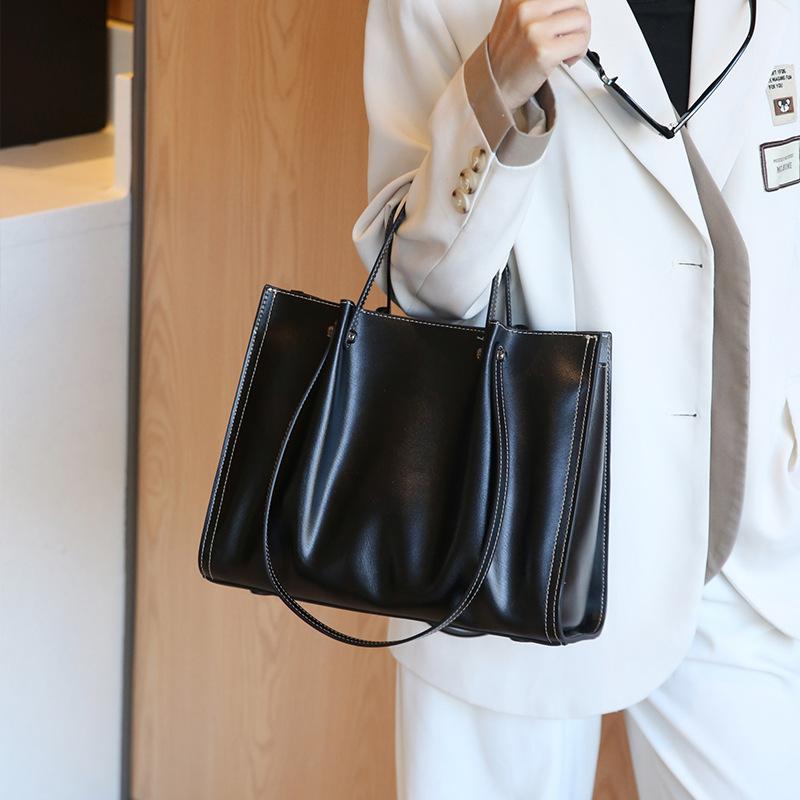 Genuine Leather Women's Bag Korean Autumn and Winter New Large Capacity Commuting Tote Bag Head Layer Cowhide Leather One Shoulder Handbag