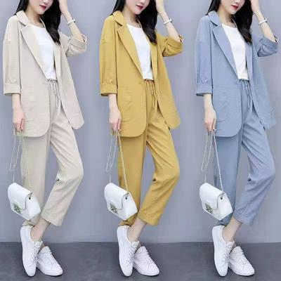 Damen Sommer Lockerer Dünner Blazer Mantel Hose Zweiteiliger Frühling Koreanische Elegante Neue Casual Anzugjacke Hose Passendes Set