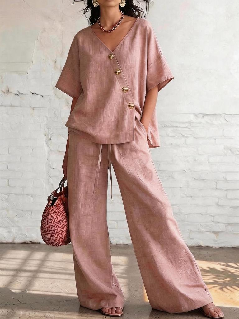 2026 spot new product European and American independent station summer leisure vacation loose cotton and linen v-neck wide-leg pants two-piece set