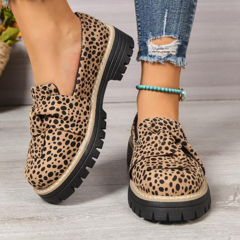 Women's Wide Width Leopard Print Loafers, Bow Detail Platform Slip-Ons, Fashion Flat Shoes Wholesale for Women