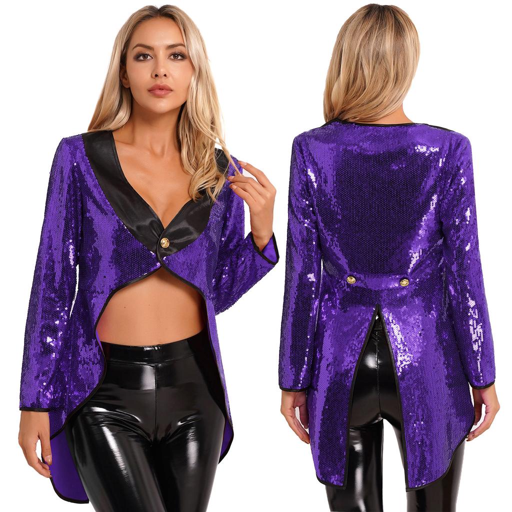Womens Halloween Magician Dress Suit Circus Tailcoat Jacket Sparkle Sequin Blazers Tuxedo Outerwear Dress Up Costumes