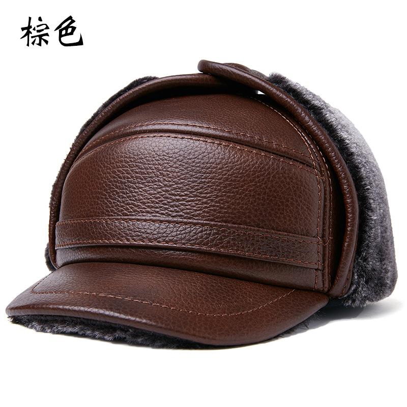 

2026 Men s Genuine Leather Trapper Hat with Ear Flaps | Winter Warm Thermal Outdoor Cap | Cowhide Fur Lined L 55-56 коричневый