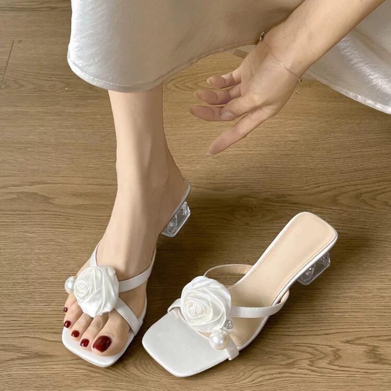 

Premium pearl flower slippers women s summer wear with skirt open-toed high-heeled sandals 39 абрикосовый