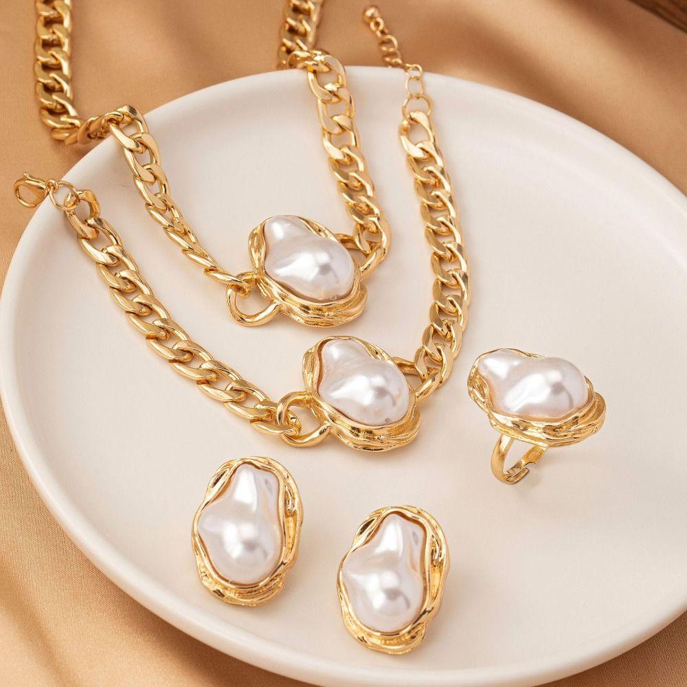 5Pcs Irregular Vintage Jewelry Suit Pearl Necklace Bracelet Ring Suit Clavicle Chain Set  Girls