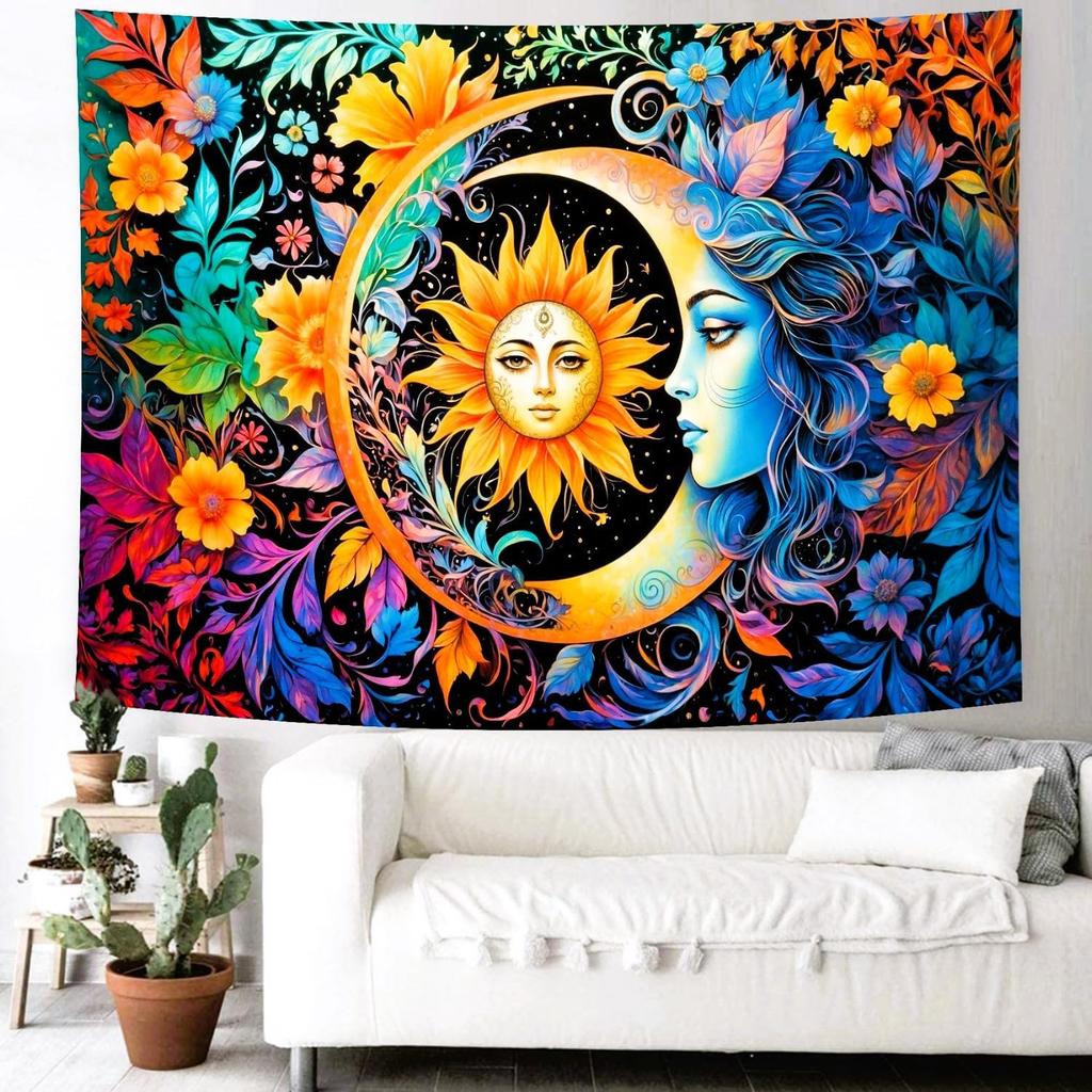Delur Sun and Moon Tapestry Boho Mystic Floral Hippie Flower Plants Tapestry Vintage Aesthetic Psychedelic Abstract Wall Hanging Headboard for