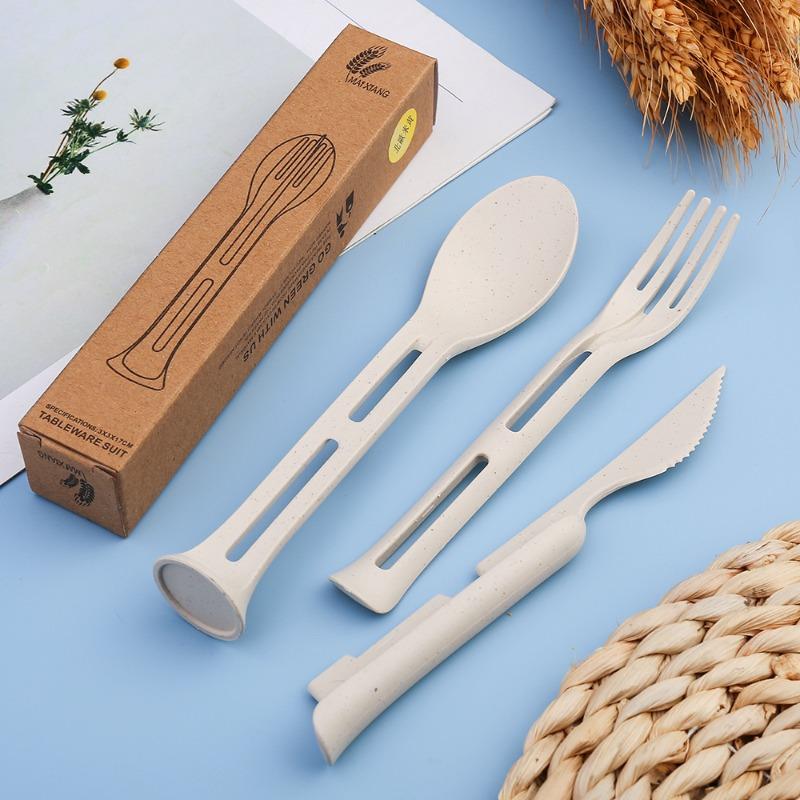 Eco-Friendly Wheat Straw Nordic Style Utensil Set for Kids - 3-in-1 Portable Fork, Spoon, Knife, BPA-Free & Lunchbox Essentials