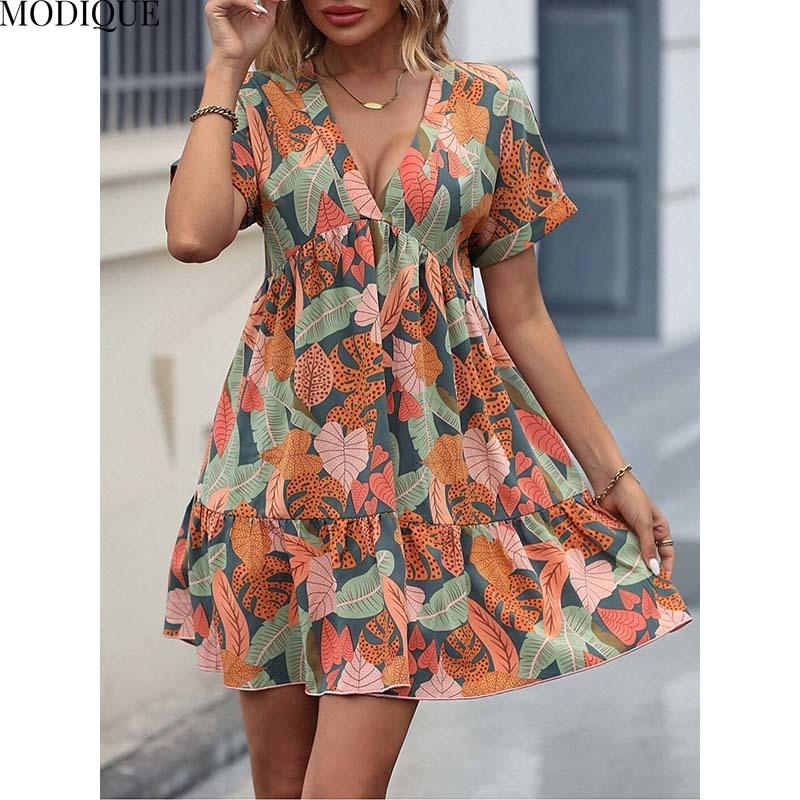 MODIQUE 2025 Summer Plus Size New Women's Sexy Casual Floral Printing Short Dress Ladies X-Line Hot V-Neck Dress