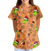 Women's Christmas Print V-Neck Short Sleeve Scrub Top with Pockets, Loose Fit Caregiver