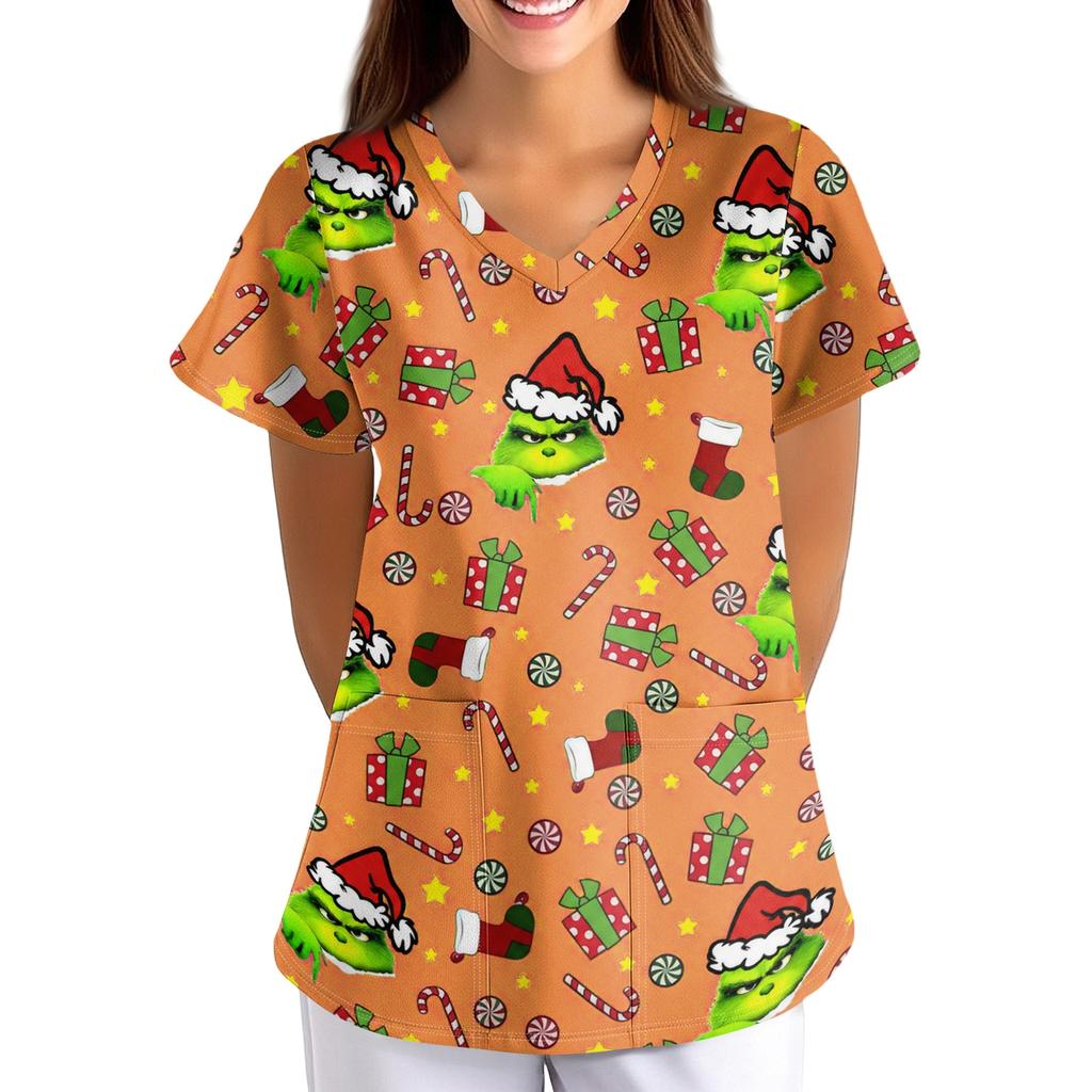 Women's Christmas Print V-Neck Short Sleeve Scrub Top with Pockets, Loose Fit Caregiver