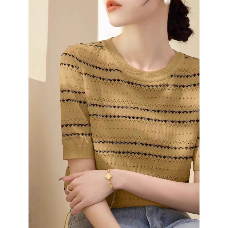 Summer Women's Knitted T-shirt Round Neck Loose Hollow Top Women's Ice Silk Knitted Base Shirt