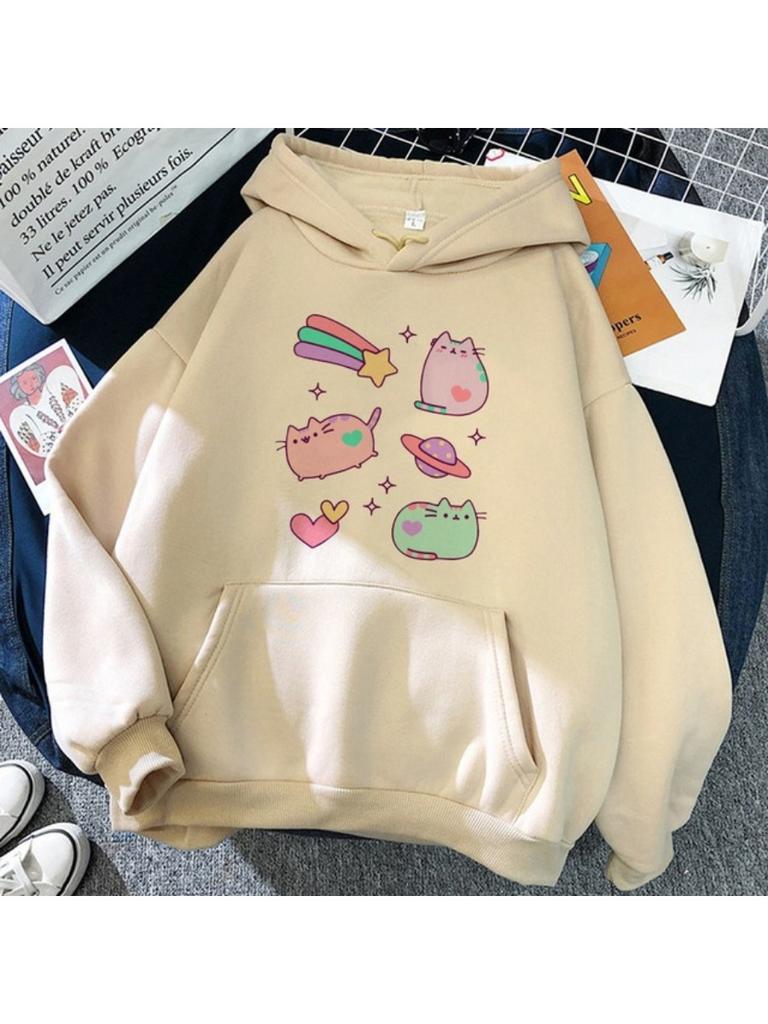 Felpe con Cappuccio Nere a Manica Lunga Donna Squalo Gatto Felpe con Cappuccio Divertenti Animali Cartoni Animati Stampa Grafica Pullover Streetwear