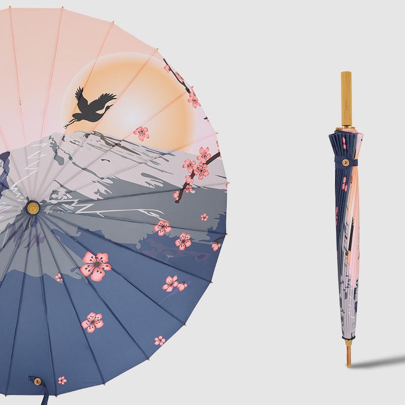 New Fashionable Retro Oil Painting 24 Bone Straight Pole Umbrella Solid Wood Handle Long Handle Umbrella Plus Printed Umbrella Ancient Style Umbrella