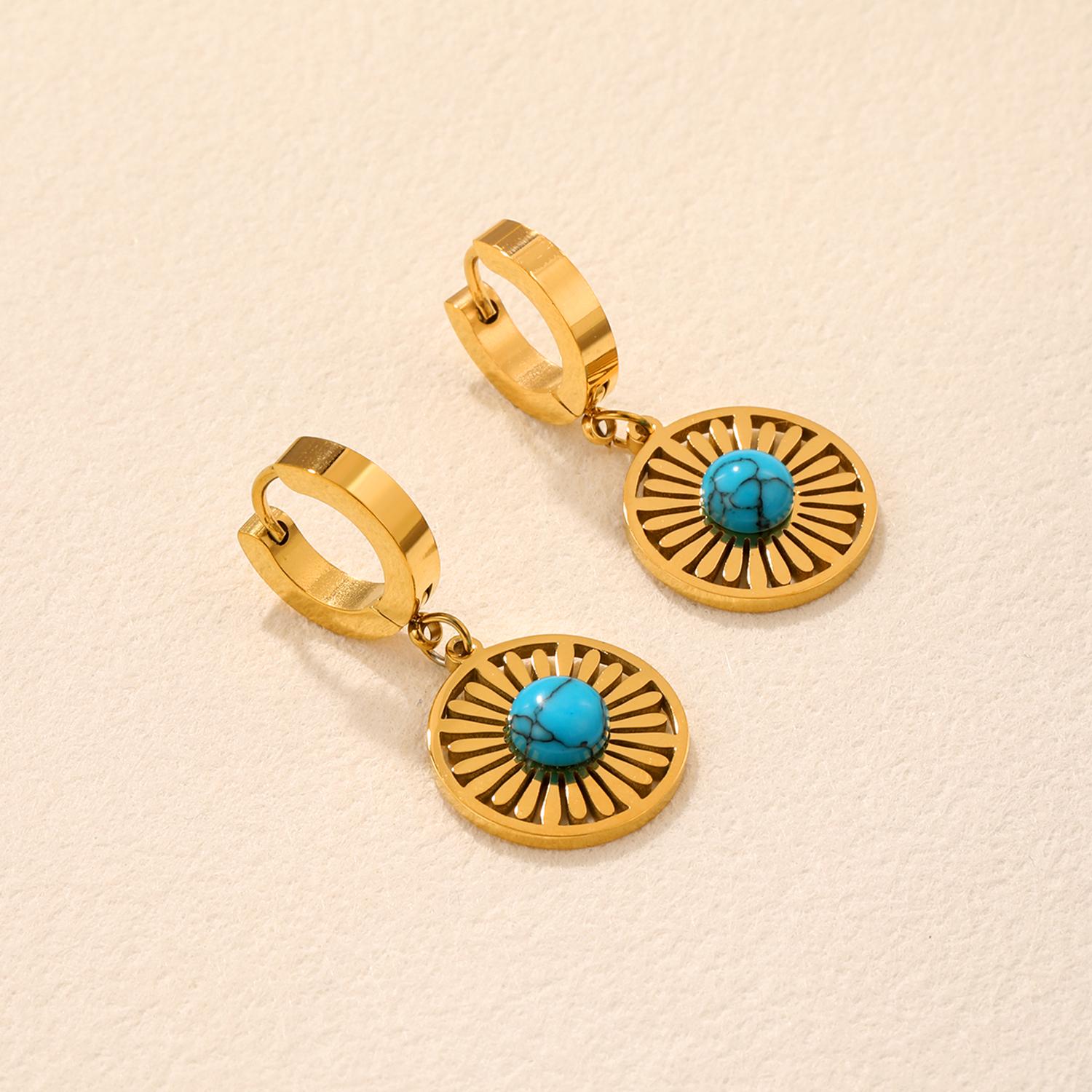 

Vintage 316L Stainless Steel Gold Color Turquoise Stone Hoop Earrings For Women High Quality Girls Round Huggies Jewelry Party