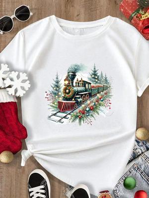 (Asiatische Größe) Frohe Weihnachten Neujahr Feiertag Top Festival Lässiger Stil Trend 90er Frauen Print Dame Kurzarm Mode Grafik T-Shirts