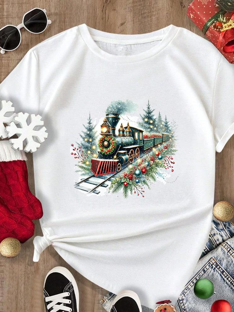 (Asian Size) Tee Merry Christmas New Year Holiday Top festival Casual Women cartoon trend cute Print Lady Short Sleeve Fashion Graphic T-shirts