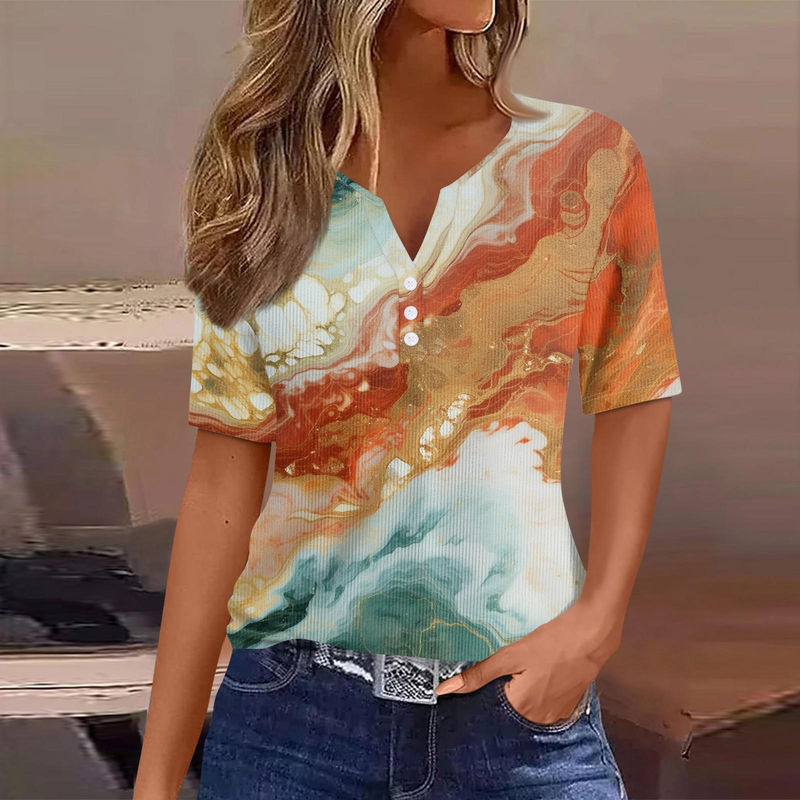 

Женская футболка с принтом на пуговицах, короткий рукав, туника, повседневная, выходного дня, модная, базовая, с V-образным вырезом, стандартный топ XXL