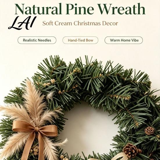 Front Door Christmas Wreath Artificial Norfolk Pine for Door Faux Greenery Needle Green Wreath Winter Farmhouse Holiday Hanging Decor Porch