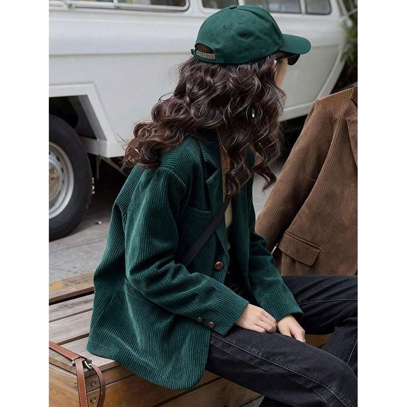 Frühlings-Freizeit-Grüner Cord-Blazer Damen Koreanischer Literarischer Stil Vielseitige Jacke