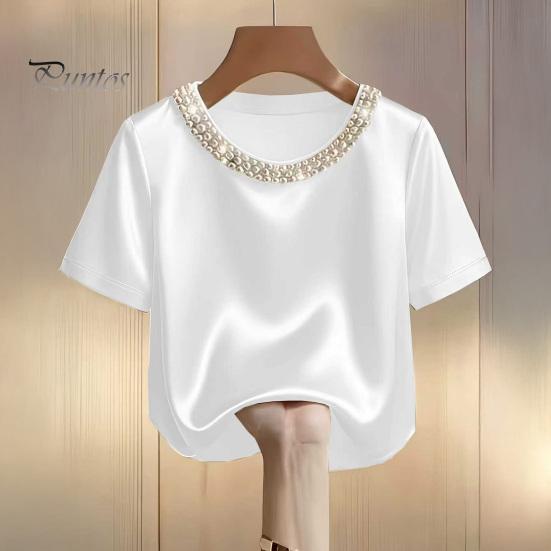Tee Shirt Women T-shirt Round Neck Satin Fabric with Hand-Sewn Imitation Pearls Short Sleeve Loose Fit Casual Tops Hand-sewn Pearl Neckline