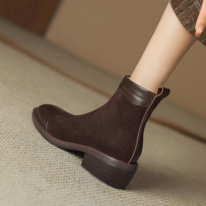 Krazing Pot Cow Skin Cow Suede Winter Square Toe Thick Heels Chelsea Fashion Boots Women Zipper Patch Work Women Ankle Boots