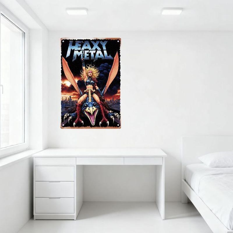 Vintage Heavy Metal Comic Art Metal Tin Sign, Blonde Warrior Woman on Dragon Creature, Post - Apocalyptic Cityscape Wall Decor f
