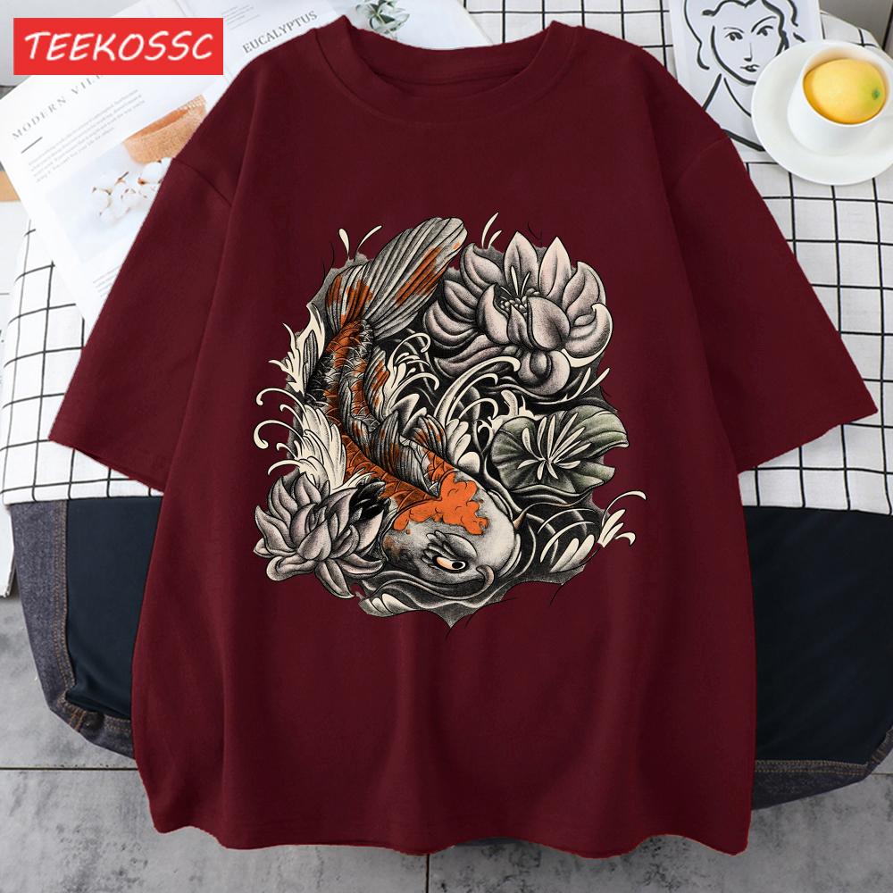 Japanese Harajuku Lotus Koi Print Men T Shirts AllMatch Cotton TShirt Casual Crewneck Loose Streetwear Man Summer Basics Top